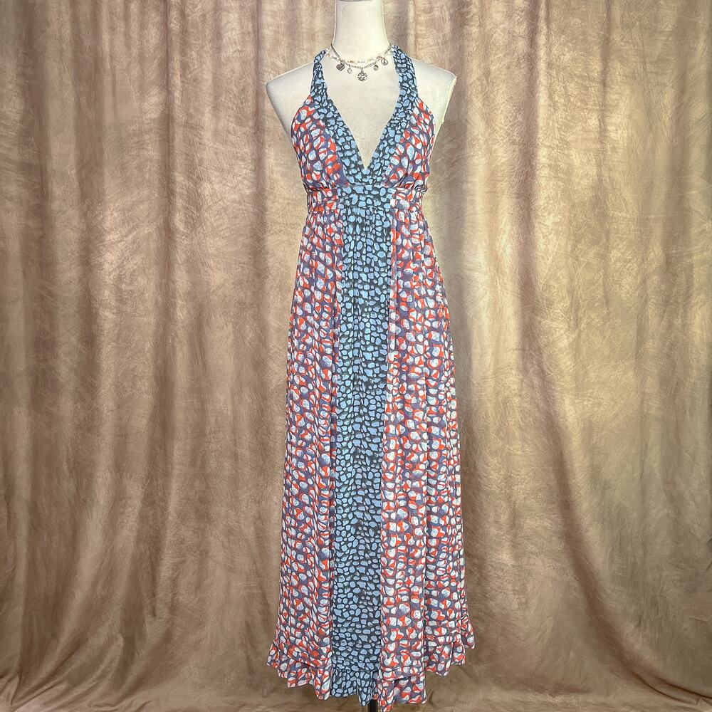 Y2K Geometric Print Maxi Dress Layered Mesh Halter Empire Waist Boho Summer Euro